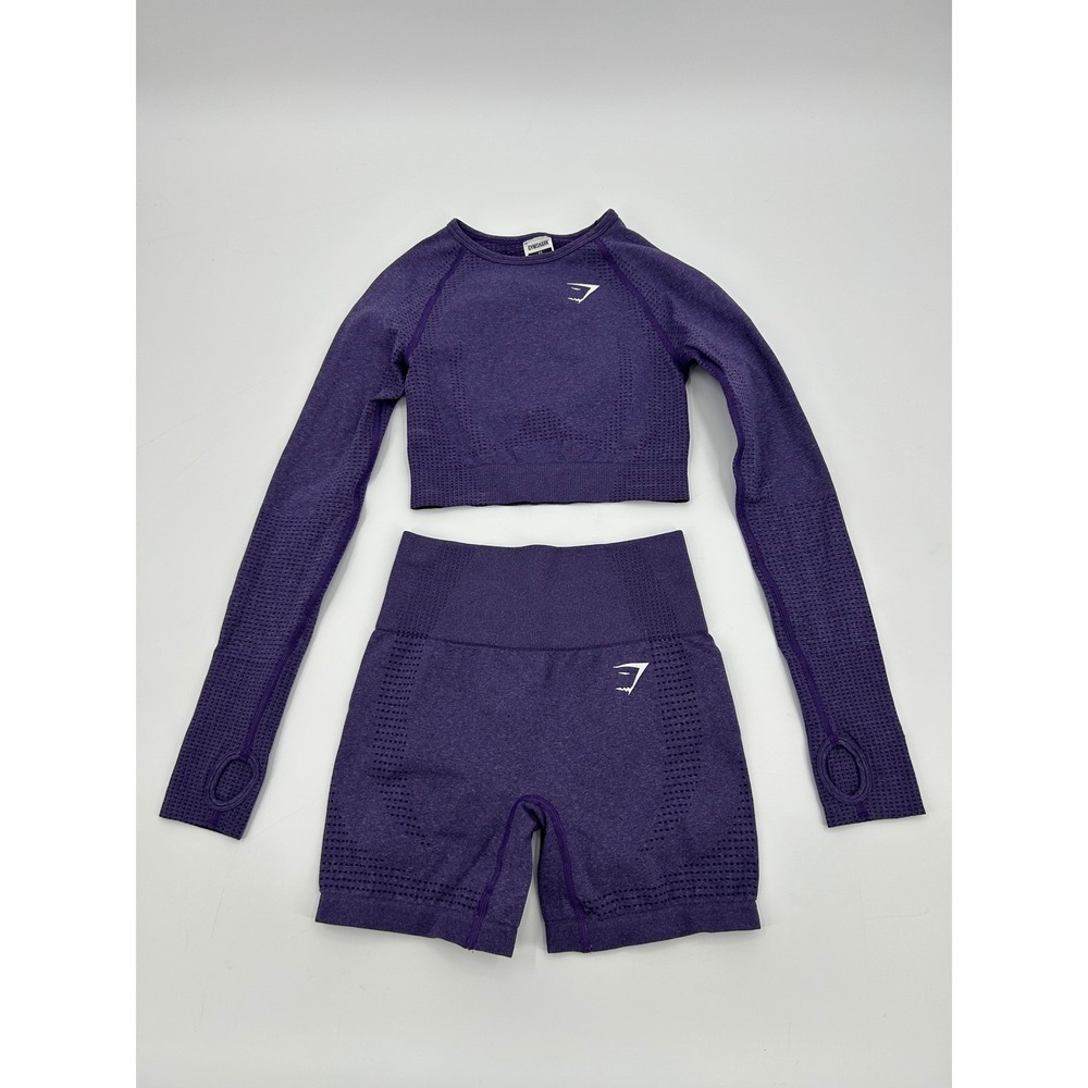 Gymshark Vital Seamless 2.0 Purple Long Sleeve Crop Top and Shorts Set Womens XS